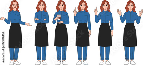 Waitress character illustration with multiple poses, service worker gestures set, female staff animation reference, hospitality employee actions, restaurant worker poses