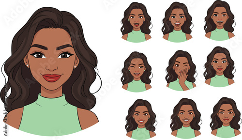 Female avatar character illustration with multiple facial expressions, cartoon woman emotions set, diverse reaction icons, expressive face pack for design
