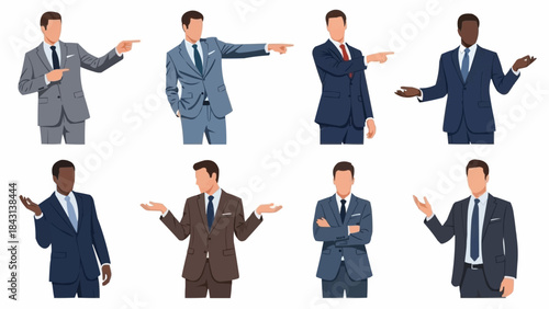 Diverse group of businessmen in suits pointing and gesturing in various poses.