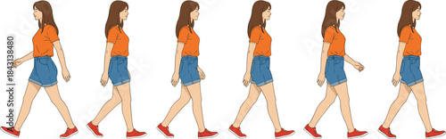 Walking cycle illustration of young woman, step sequence animation, girl in casual outfit, motion progression, character walk cycle reference drawing
