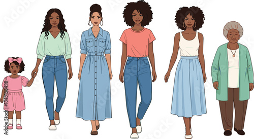 African American family generations illustration, diverse ages standing together, mother daughter grandmother portrait, multigenerational women, diversity, unity, lifestyle scene