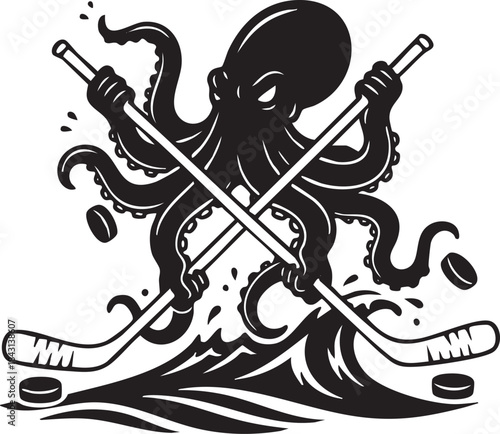 Octopus Playing Ice Hockey with Crossed Sticks Silhouette Illustration
