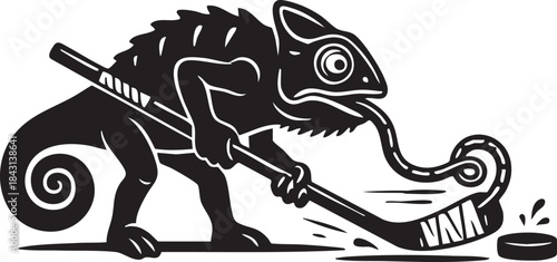 Chameleon Playing Ice Hockey Silhouette Mascot Illustration