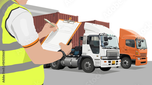 Illustration of a worker in a high-visibility vest taking notes beside semi-trucks and shipping containers in a logistics setting.