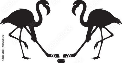 Flamingo Ice Hockey Faceoff Silhouette Mascot Illustration