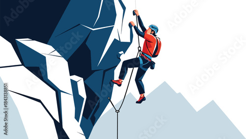 Rock Climbing Action Illustration – Professional Climber Scaling Steep Cliff with Safety Gear, Extreme Adventure Sports Vector Art