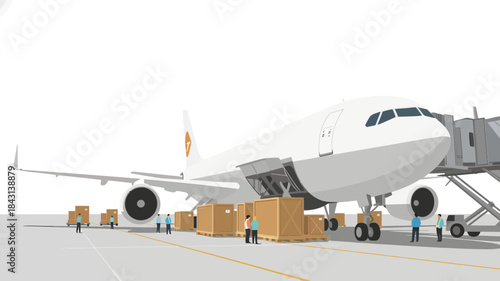 Airplane being loaded with cargo boxes at an airport gate with workers in bright uniforms on a tarmac.