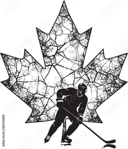 Ice Hockey Player with Canadian Maple Leaf Silhouette Illustration