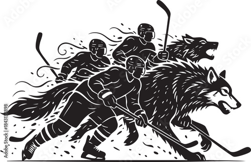 Ice Hockey Players Riding Wolves Silhouette Fantasy Illustration