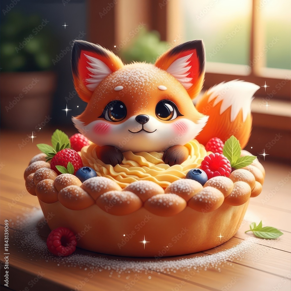 Naklejka premium Adorable cartoon fox character peeks out from a fruit topped pastry creation