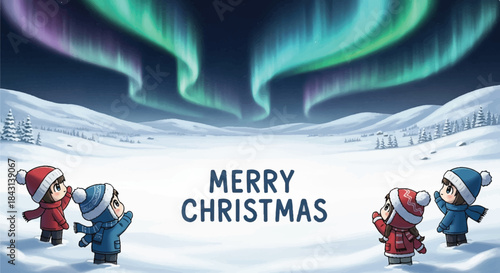 Christmas penguins scene. Merry Christmas greeting. Winter landscape with aurora borealis. Vector illustration of penguin family. Snowy background with northern lights. Holiday card