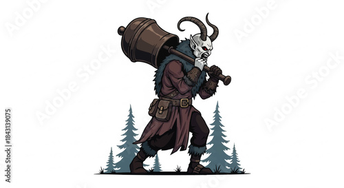 Fantasy creature illustration. Cartoon krampus with horn. Man with goat horns carrying wooden bucket. Winter character design. Vector illustration on white background. Mythical creature.