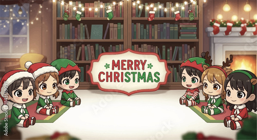 Christmas cartoon characters. Merry Christmas sign. Vector illustration of kids in elf costumes. Holiday greeting card. Winter scene with fireplace and bookshelf. Festive room background.