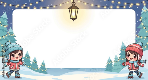Winter scene border frame. Cartoon kids ice skating. Snowy landscape with trees and lantern. Vector illustration for holiday greeting card. Christmas background template. Festive design