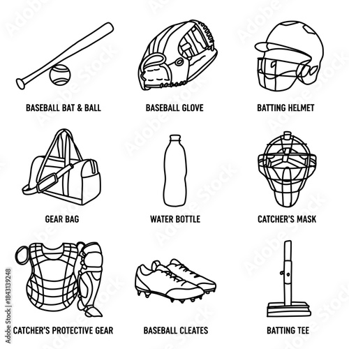 A collection of essential baseball equipment line art vector illustration, including a bat, glove, helmet, gear bag, water bottle, catchers mask, protective gear, cleats, and batting tee

