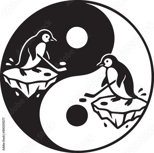 Yin Yang Penguins Playing Ice Hockey Silhouette Illustration