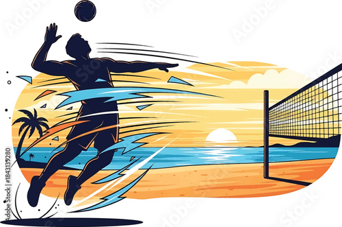 Beach Volleyball Action Illustration – Dynamic Player Jumping for Smash on Sunset Beach Court, Professional Sports Vector Art Scene