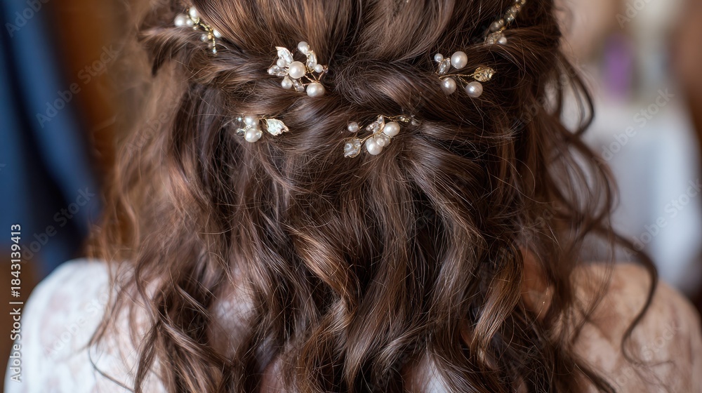 Naklejka premium Woman's intricately styled brown hair adorned with delicate pearl and crystal hairpieces