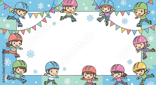 Winter kids illustration. Children ice skating. Snowflakes and flags. Colorful cartoon border. Vector design for holiday greeting card or invitation. Kids activities. Ice skating scene.