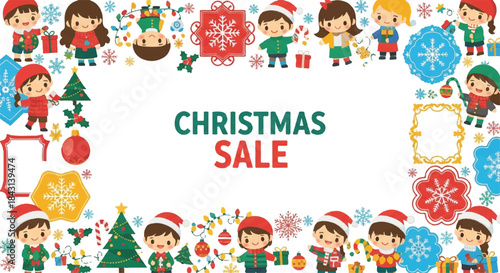 Christmas sale banner. Vector illustration of festive border. Holiday decorations and elves. Colorful cartoon design. Christmas tree, snowflakes, and gifts. White background. Seasonal