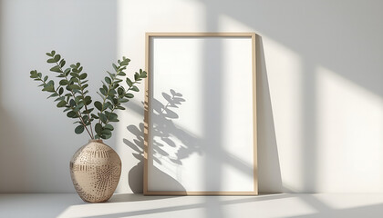 “Minimal Mother’s Day frame mock-up with ceramic vase, eucalyptus, and soft window shadows in a Scandinavian interior.”