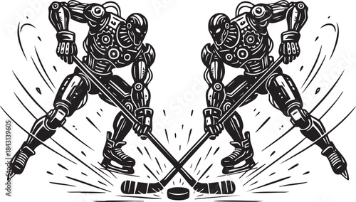 Robot Ice Hockey Faceoff Silhouette Sci-Fi Illustration