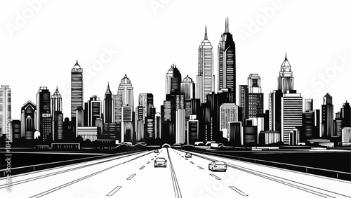 Modern City Skyline with Highway Leading Towards Skyscrapers.