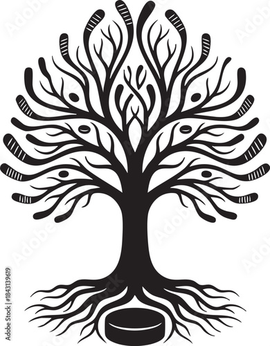 Tree of Life with Ice Hockey Puck Silhouette Concept Illustration