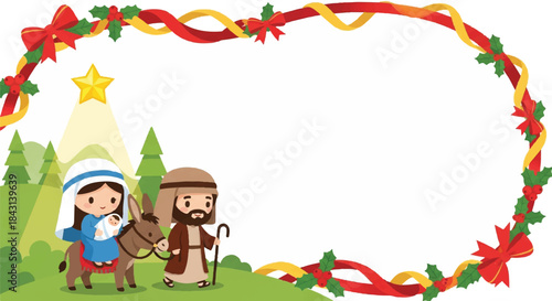 Christmas nativity scene border. Vector illustration of Mary, Joseph, and donkey. Holiday wreath with ribbons and bows. Green forest background with Christmas tree and star. Festive frame
