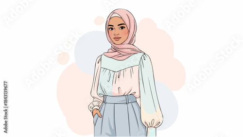 Young Muslim Woman Wearing Hijab and Stylish Outfit.