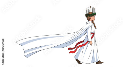 Woman wearing white dress and crown. Female in long white robe with red stripes. Regal lady with flowing cape. Vector illustration of queen or princess. Royal character on white background.