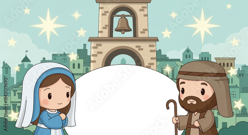 Mary and Joseph cartoon characters. Christmas and New Year holiday scene. Vector illustration of holy family. Cityscape background with church tower and stars. White space for text. Holiday