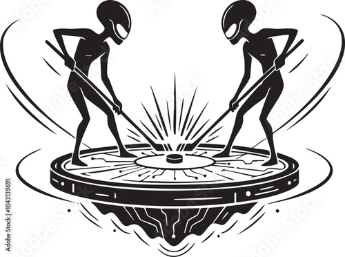 Alien Ice Hockey Faceoff Silhouette Sci-Fi Illustration