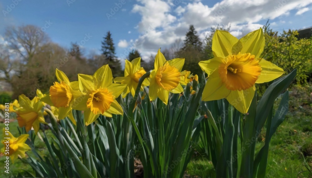 Fototapeta premium Cheerful and vibrant scene of bright yellow daffodils in full bloom within a garden, surrounded by lush greenery.