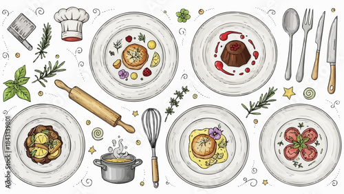 Gourmet Food Plated Dishes and Culinary Tools Collection.