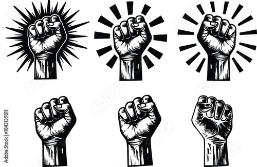 Raised fist icon set, black and white protest symbol, unity and resistance illustration, clenched hand graphic, empowerment vector design
