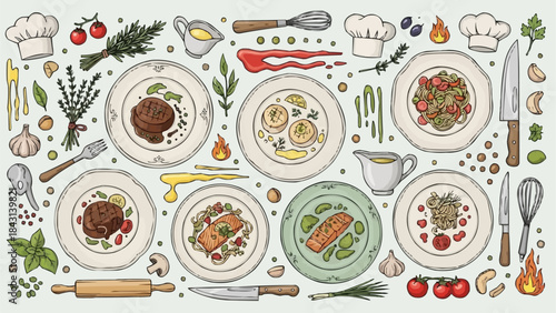 Gourmet Food Platter Assortment with Culinary Ingredients and Utensils.