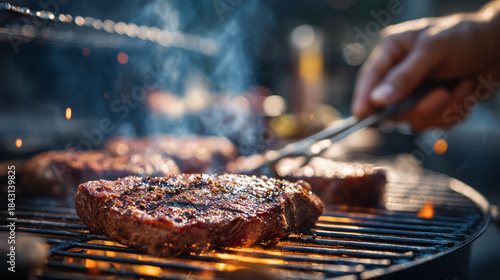 Cooking steaks on a grill in the evening with smoke rising