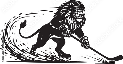 Lion Playing Ice Hockey Silhouette Mascot Illustration