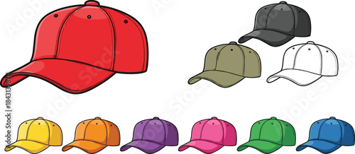Set of blank baseball caps vector illustration, various colorful and monochromatic template designs, perfect for branding, outdoor sport, casual fashion, and uniform mockups.