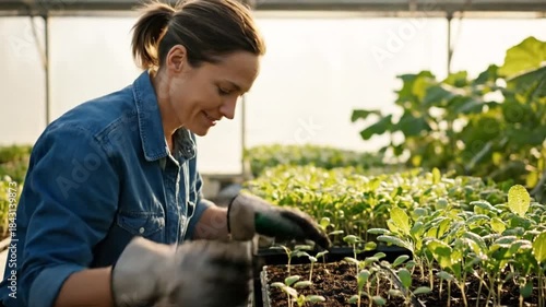 Smiling woman gardener tending to plant seedlings in sunny greenhouse, organic farming