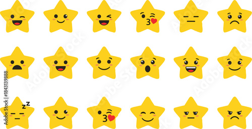 Set of Cute Yellow Star Emoticons and Cartoon Emoji Faces Vector Collection for Feedback, Rating, and Customer Review Interface Icons