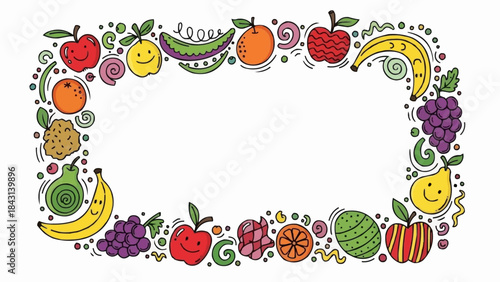 Colorful Fruit Border Design with Various Fruits and Leaves.