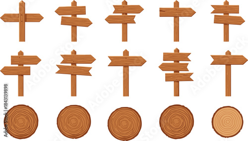 Set of blank wooden signposts, wood plank arrows and tree trunk cross sections collection, old vintage direction post, rustic road or navigation icon