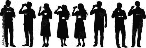Silhouettes of diverse people drinking, eating, enjoying coffee, tea, or soup; isolated vector illustration for lifestyle, food, and beverage concepts, enjoying a break.