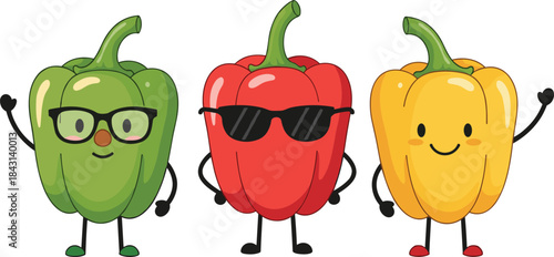 Three Cute Anthropomorphic Bell Pepper Cartoon Characters, Red, Green, and Yellow, Wearing Glasses and Sunglasses, Cheerful Vegetable Mascots on White Background.