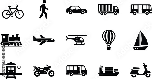 Transportation Icons Set: Road, Air, Rail, and Sea Travel Vectors for Logistics, Commuting, and Global Movement, Black Silhouettes