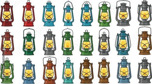 Vintage Kerosene Lanterns Collection Vector Illustration, Antique Oil Lamps Set in Different Colors and Styles, Traditional Camping Equipment, Isolated on White Background.