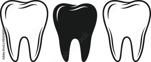 Vector illustration of three molar teeth icons, black silhouette and outline line art, dental anatomy symbol, dentist and healthcare concept