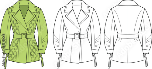 Women’s belted coat fashion illustration, green quilted jacket design, technical sketch front and back view, stylish outerwear garment drawing